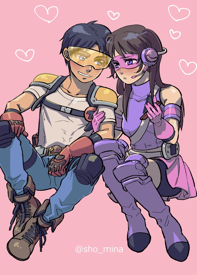 1boy, 1girl, armor, black_hair, black_shorts, blue_eyes, blue_pants, boots