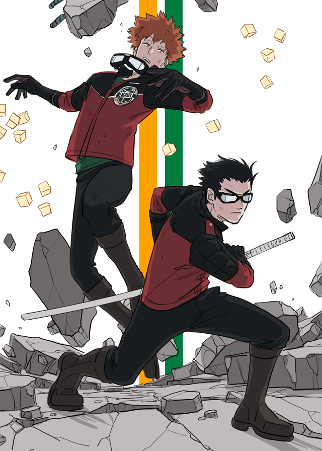 2boys, badge, black_gloves, black_hair, black_pants, crack, cracked_floor, cube