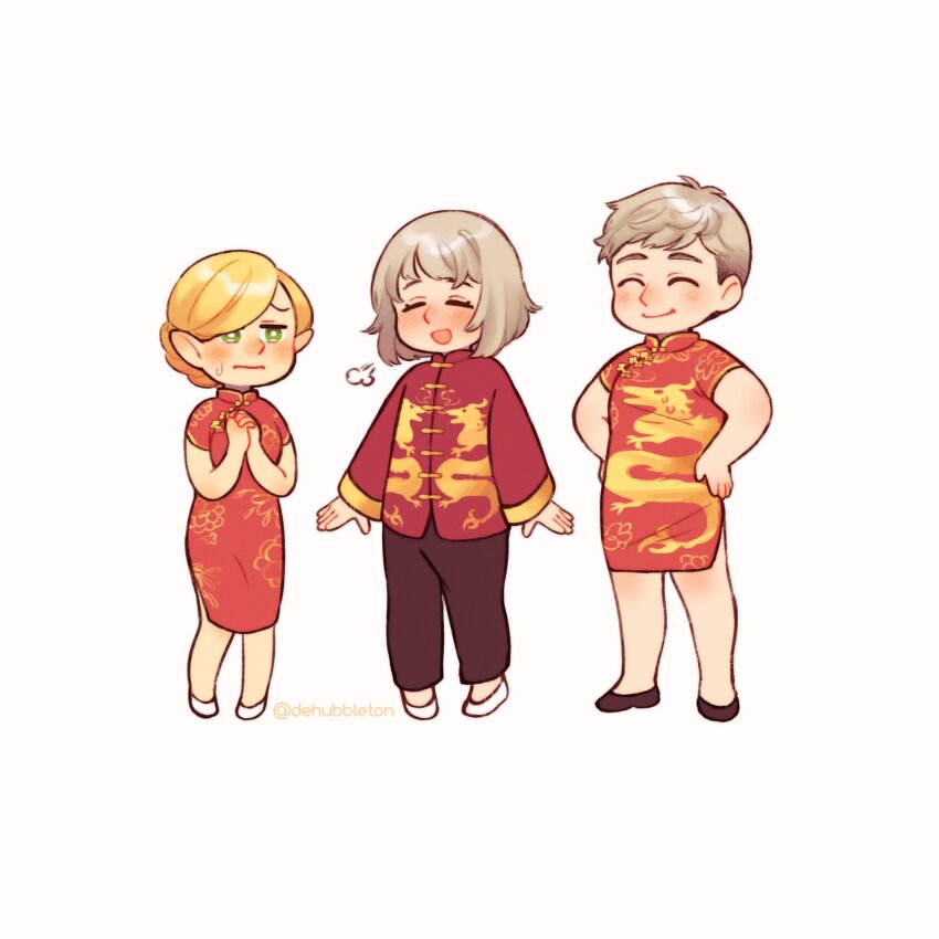 1boy, 2girls, ^_^, arms_at_sides, black_footwear, black_pants, blush, bob_cut