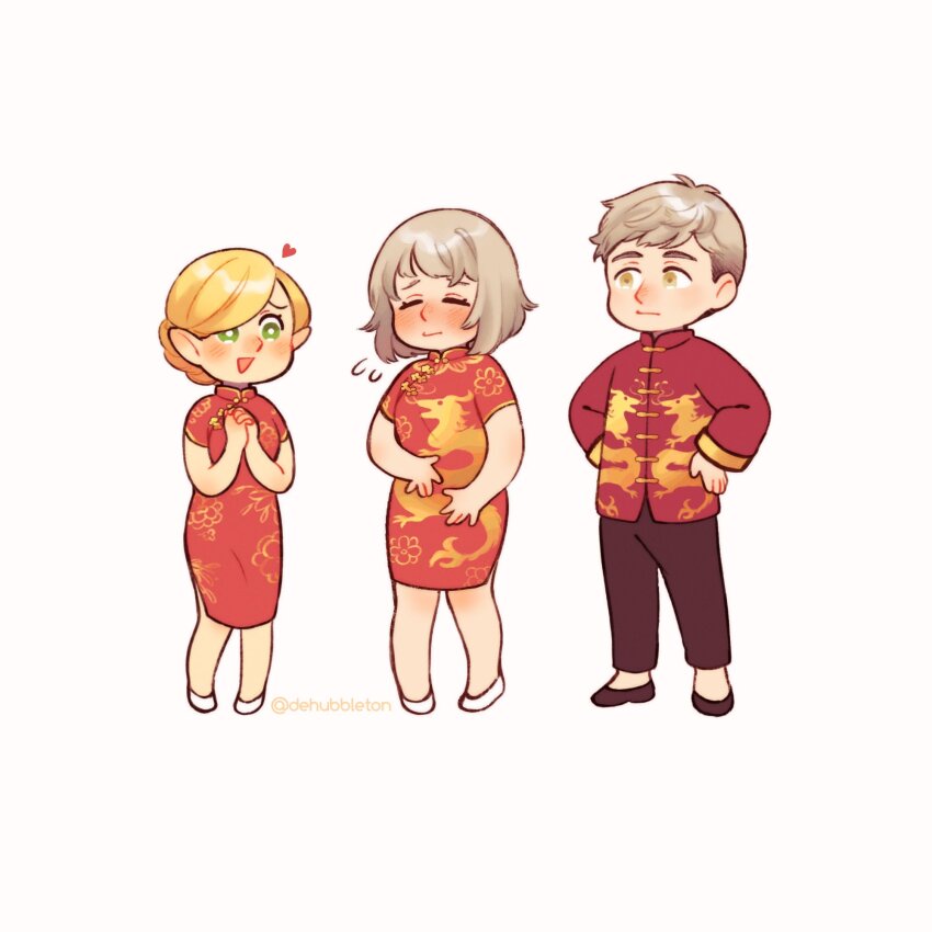 1boy, 2girls, ^_^, black_footwear, black_pants, blush, bob_cut, braid