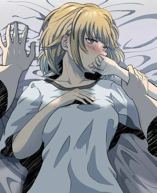 1boy, 1girl, arm_grab, blonde_hair, cha_hae-in, covering_own_mouth, looking_at_viewer, lying, on_back, on_bed, solo_leveling, sung_jin-woo, yellow_eyes