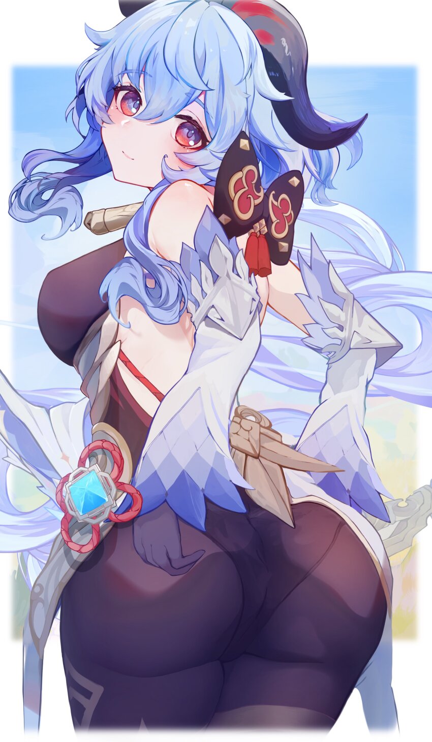 1girl, absurdres, ahoge, akao_kito, ass, back, backless_outfit, bare_shoulders, bell, black_gloves, black_leotard, black_pantyhose, blue_hair, blush, bodystocking, bodysuit, bow, breasts, clothes_lift, detached_sleeves, from_behind, ganyu_(genshin_impact), genshin_impact, gloves, gold_trim, highres, jewelry, leotard, leotard_under_clothes, lifting_own_clothes, long_hair, looking_at_viewer, looking_back, low_ponytail, medium_breasts, neck_bell, pantyhose, ponytail, purple_eyes, sidelocks, smile, solo, standing, thighlet, vision_(genshin_impact), white_sleeves