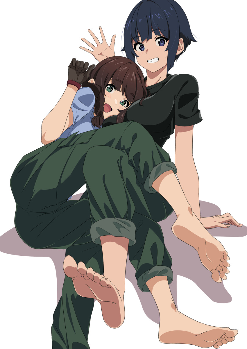 2girls, barefoot, black_eyes, black_hair, black_shirt, blue_shirt, breasts, feet