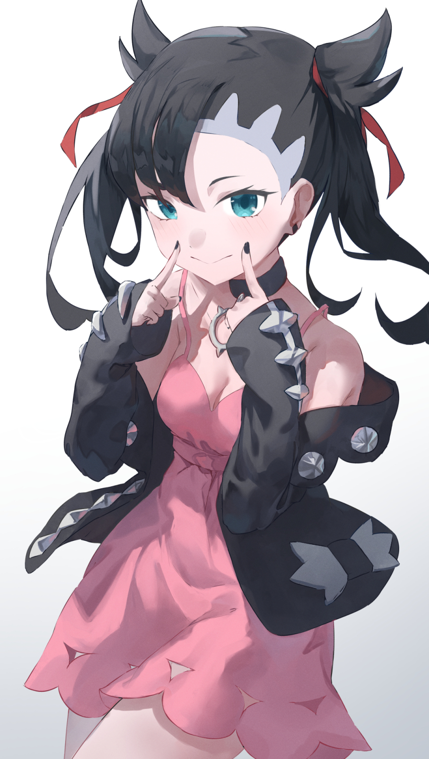 1girl, asymmetrical_bangs, black_choker, black_hair, black_jacket, black_nails, blush, breasts