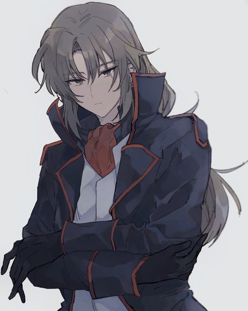 1boy, :|, ascot, black_coat, black_gloves, black_shirt, brown_eyes, brown_hair