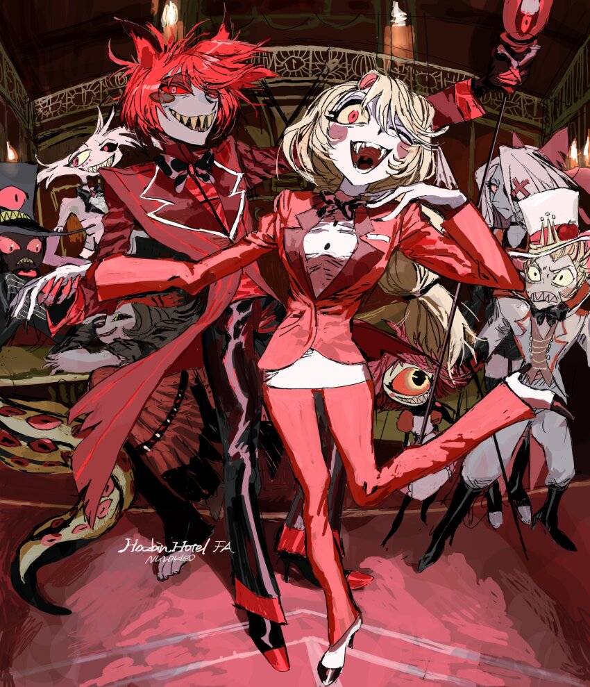 3girls, 5boys, alastor_(hazbin_hotel), angel_dust, animal_ears, black_footwear, blonde_hair, boots