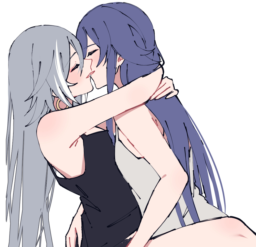 2girls, alternate_costume, black_panties, black_shirt, blue_hair, closed_eyes, eyeliner, fu_hua