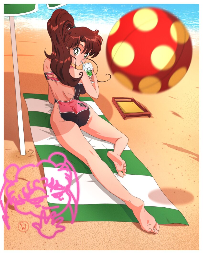1girl, ass, ball, beach, beachball, bishoujo_senshi_sailor_moon, breasts, brown_hair