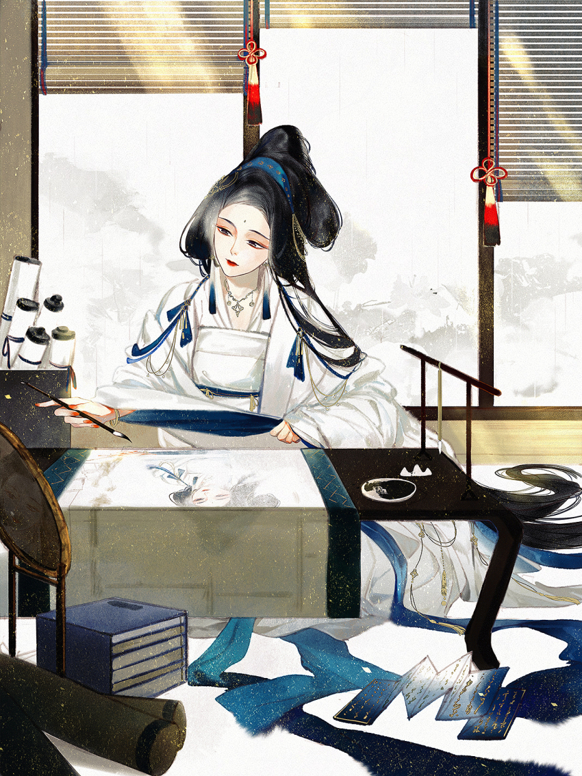 1girl, black_hair, blue_theme, book, book_stack, bracelet, calligraphy_brush, chinese_clothes