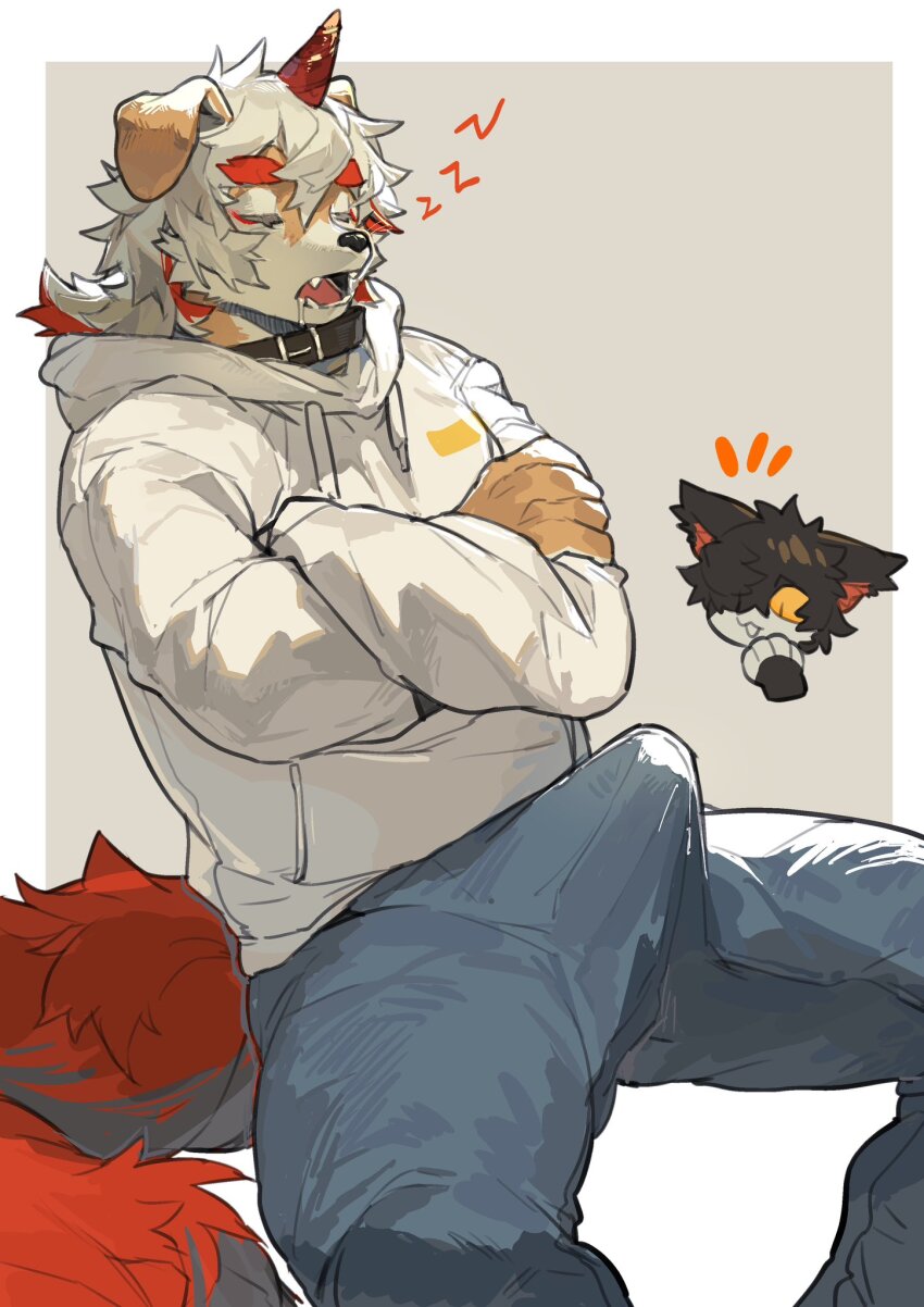 2boys, aak_(arknights), arknights, black_collar, bulge, closed_eyes, collar, colored_tips, commentary, crossed_arms, denim, disembodied_head, drooling, english_commentary, erection, erection_under_clothes, feet_out_of_frame, furry, furry_male, hair_over_one_eye, hand_to_own_mouth, highres, hood, hoodie, horns, hung_(arknights), jeans, komainu_boy, komainu_ears, komainu_tail, looking_at_another, male_focus, milkybot, multicolored_hair, multiple_boys, notice_lines, one_eye_covered, open_mouth, pants, saliva, single_horn, sitting, sleeping, white_hoodie, zzz