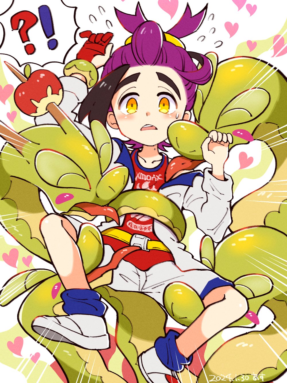 !?, 1boy, asu_(as_dayo), black_hair, colored_inner_hair, gloves, hairband, highres