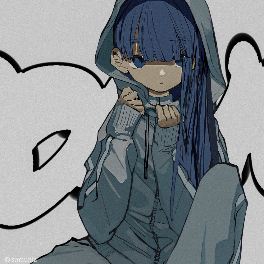 1girl, blue_eyes, blue_hair, blunt_bangs, commentary_request, cowboy_shot, grey_background, grey_jacket