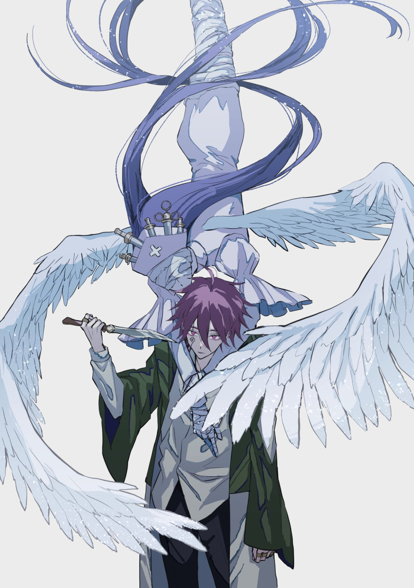 1boy, ahoge, bandaged_arm, bandaged_head, bandages, carpaccio_luo-yang, cross, feathered_wings, hat, highres, holding, holding_knife, iai_13, knife, long_hair, long_sleeves, mashle, nurse_cap, purple_hair, red_eyes, red_hair, shirt, spiked_hair, syringe, white_background, white_shirt, wings