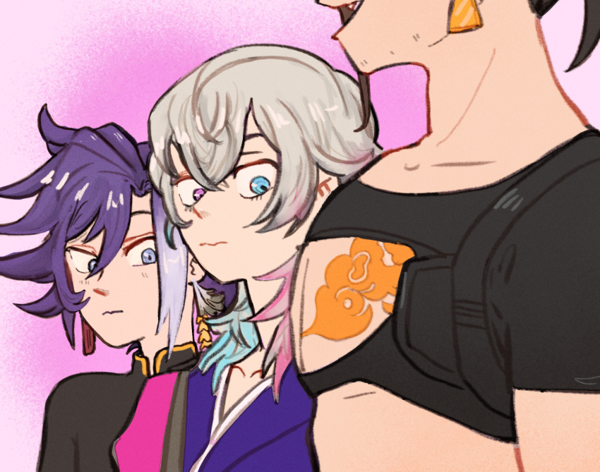 3boys, androgynous, banzoin_hakka, beard_stubble, black_hair, blue_eyes, blue_hair, chest_tattoo