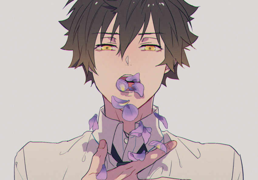 1boy, brown_hair, collared_shirt, commentary_request, coughing_flowers, facing_viewer, grey_hair, hair_between_eyes