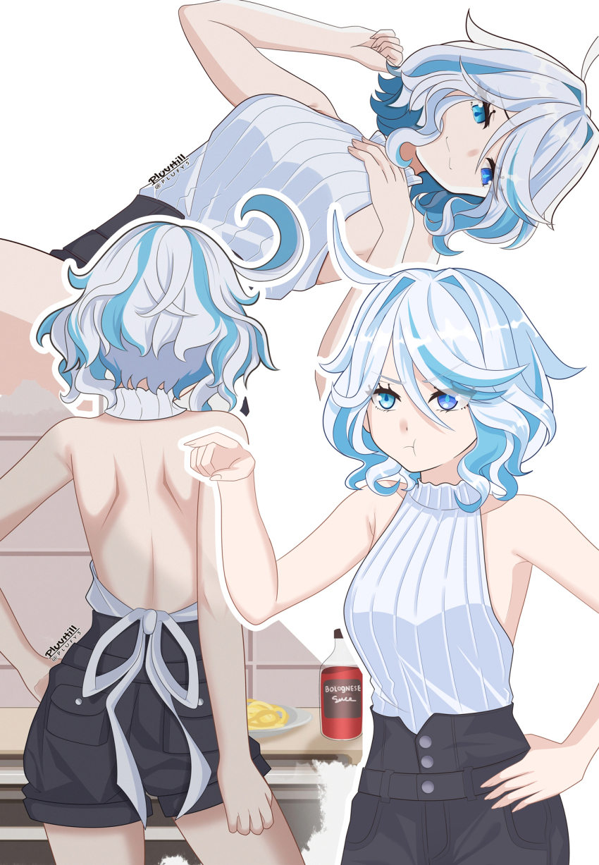 1girl, :3, :t, ahoge, alternate_costume, backless_outfit, bare_arms, bare_back, bare_shoulders, black_shorts, blue_eyes, blue_hair, bottle, breasts, commentary, cowboy_shot, english_commentary, from_behind, furina_(genshin_impact), genshin_impact, hair_intakes, hand_on_own_chest, hand_on_own_hip, highres, indoors, multicolored_hair, multiple_views, pluv_hill, refrigerator, short_hair, shorts, simple_background, sleeveless, sleeveless_turtleneck, small_breasts, standing, streaked_hair, thighs, turtleneck, upper_body, v-shaped_eyebrows, white_background, white_hair
