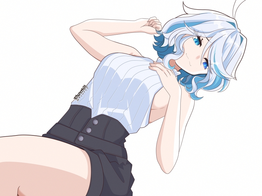 1girl, :3, ahoge, bare_arms, bare_shoulders, black_shorts, blue_eyes, blue_hair, breasts, commentary_request, furina_(genshin_impact), genshin_impact, hair_intakes, hand_on_own_chest, highres, pluv_hill, short_hair, shorts, simple_background, small_breasts, solo, thighs, white_background