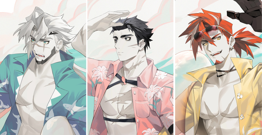 3boys, absurdres, alchemy_stars, alternate_costume, bara, bare_pectorals, barton_(alchemy_stars), black_hair
