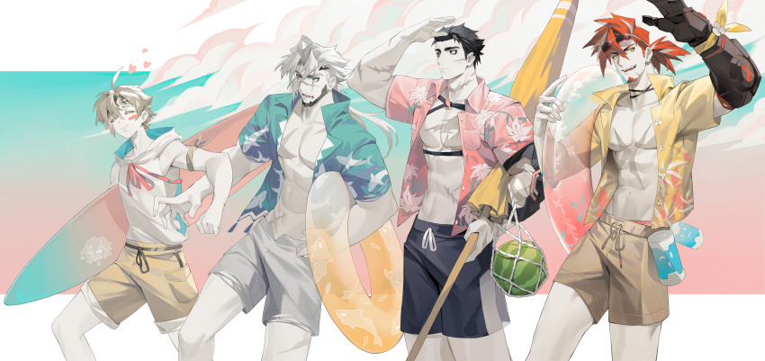 4boys, absurdres, alchemy_stars, alternate_costume, bara, bare_pectorals, barton_(alchemy_stars), black_hair