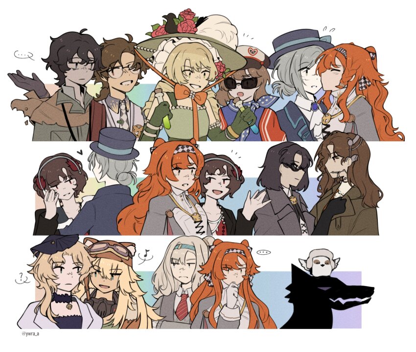 ..., 2boys, 6+girls, :d, ?, animal_ear_headwear, animal_ears, ascot