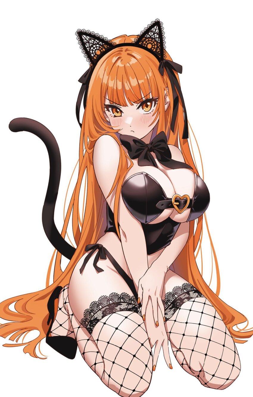 1girl, animal_ears, black_bow, black_footwear, bow, breasts, cat_ears, cat_tail