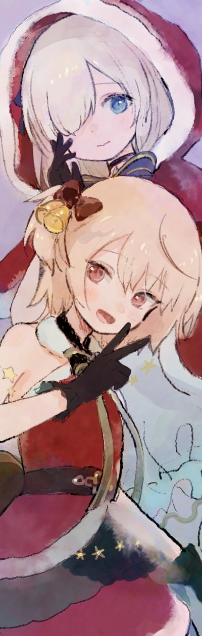 2girls, ayano_rika_(christmas_ver.), bell, black_choker, blonde_hair, blue_eyes, bow, brown_bow