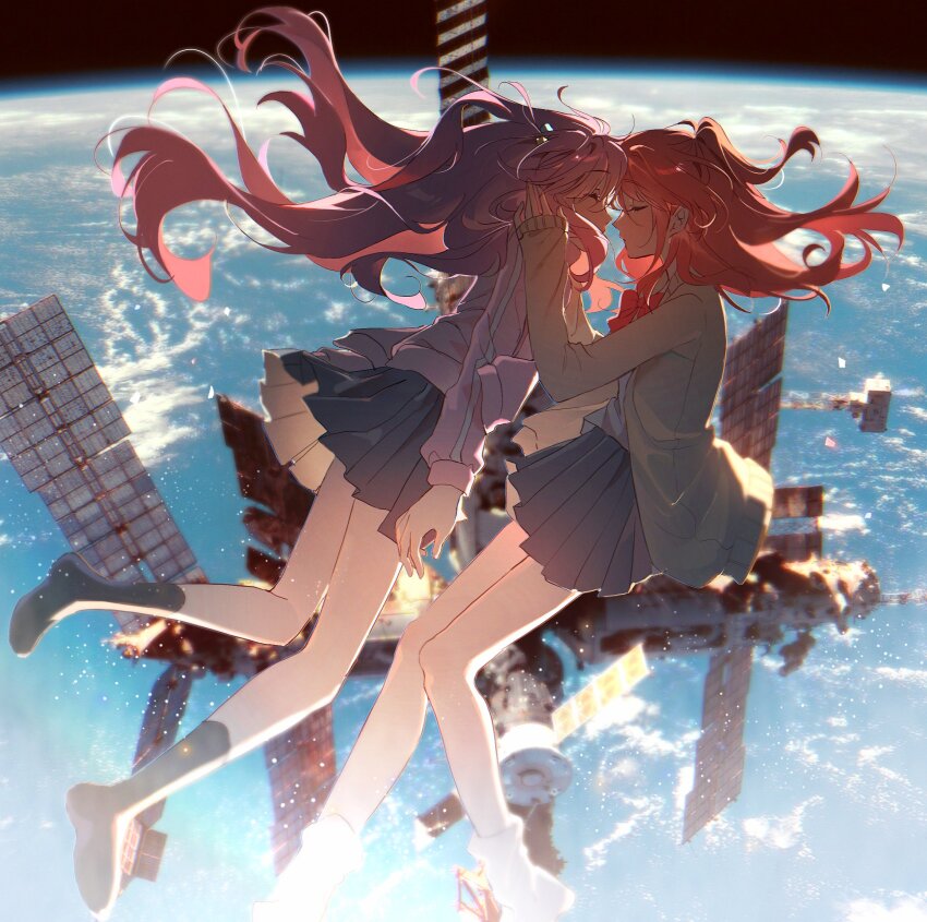 2girls, loose_socks, black_socks, bocchi_the_rock!, bow, bowtie, brown_cardigan, cardigan, closed_eyes, closed_mouth, commentary, cube_hair_ornament, floating_hair, forehead-to-forehead, full_body, gotoh_hitori, grey_skirt, hair_ornament, hands_on_another's_cheeks, hands_on_another's_face, heads_together, highres, in_orbit, jacket, kita_ikuyo, light_particles, long_hair, long_sleeves, mir_(space_station), multiple_girls, one_side_up, photo_background, pink_hair, pink_jacket, pleated_skirt, pong_(pong_o0), red_bow, red_bowtie, red_hair, school_uniform, shuka_high_school_uniform, skirt, three-quarter_sleeves, socks, space_station, track_jacket, white_socks, yuri, zero_gravity