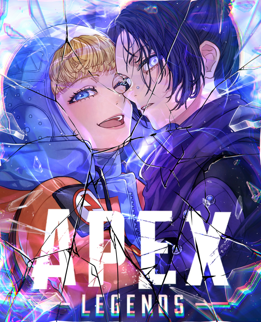 2girls, absurdres, animification, apex_legends, black_bodysuit, black_hair, black_scarf, blonde_hair
