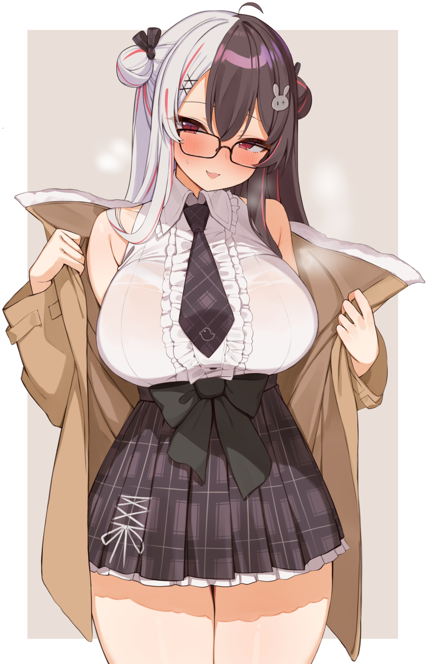 1girl, absurdres, ahoge, black_skirt, breasts, brown_coat, brown_hair, choco_tanuki