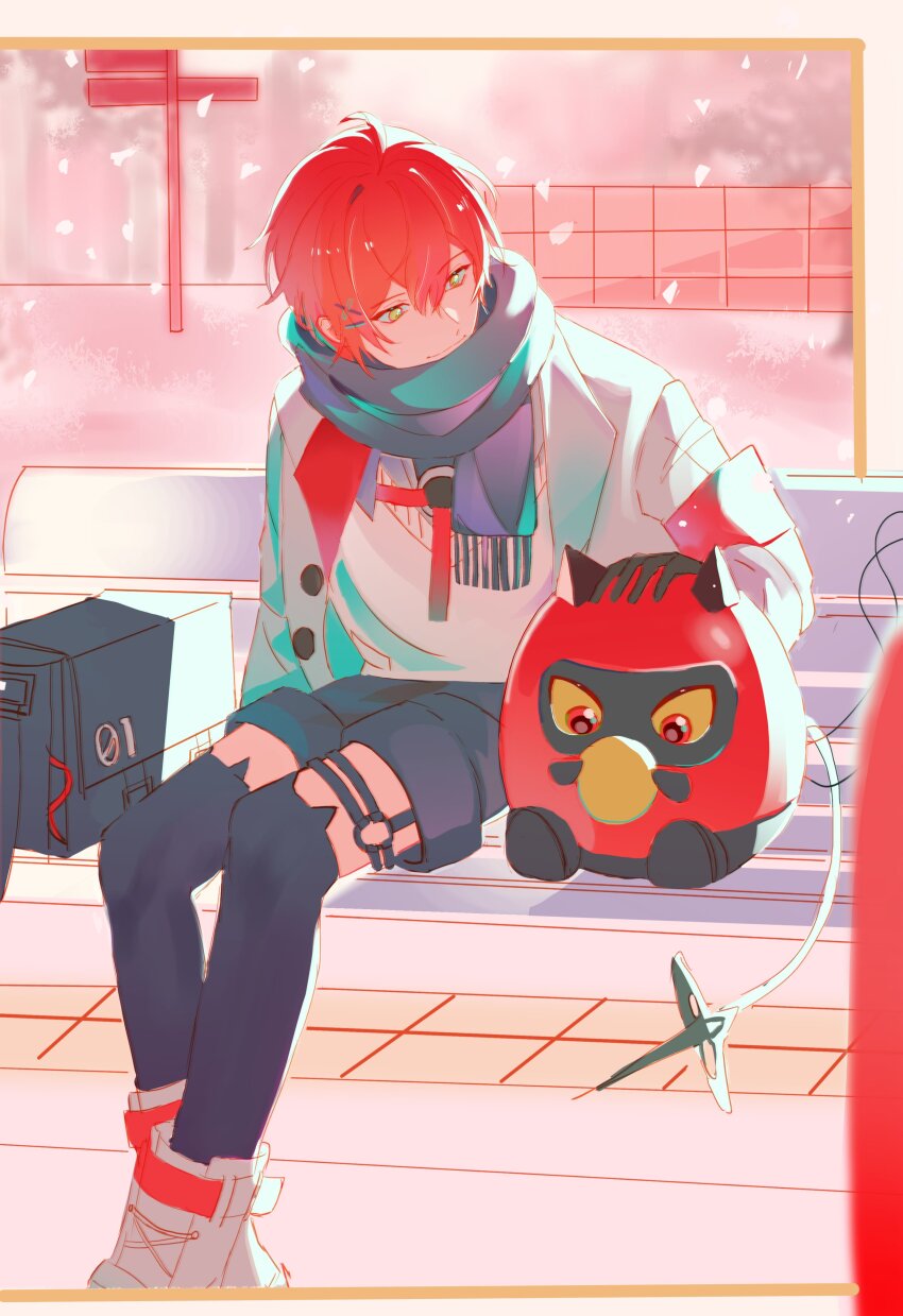 1boy, absurdres, animal_ear_legwear, black_shorts, black_thighhighs, cat_ear_legwear, creature, falling_petals