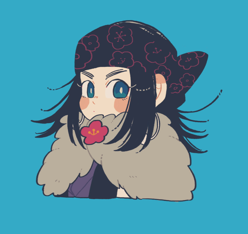1girl, asirpa, black_hair, black_headband, blue_background, blue_eyes, blush_stickers, camellia, chibi, commentary_request, cropped_torso, floral_print, flower, golden_kamuy, grey_pupils, headband, long_hair, looking_at_viewer, print_headband, red_flower, remu_(kudarizaka_25), simple_background, solo, upper_body