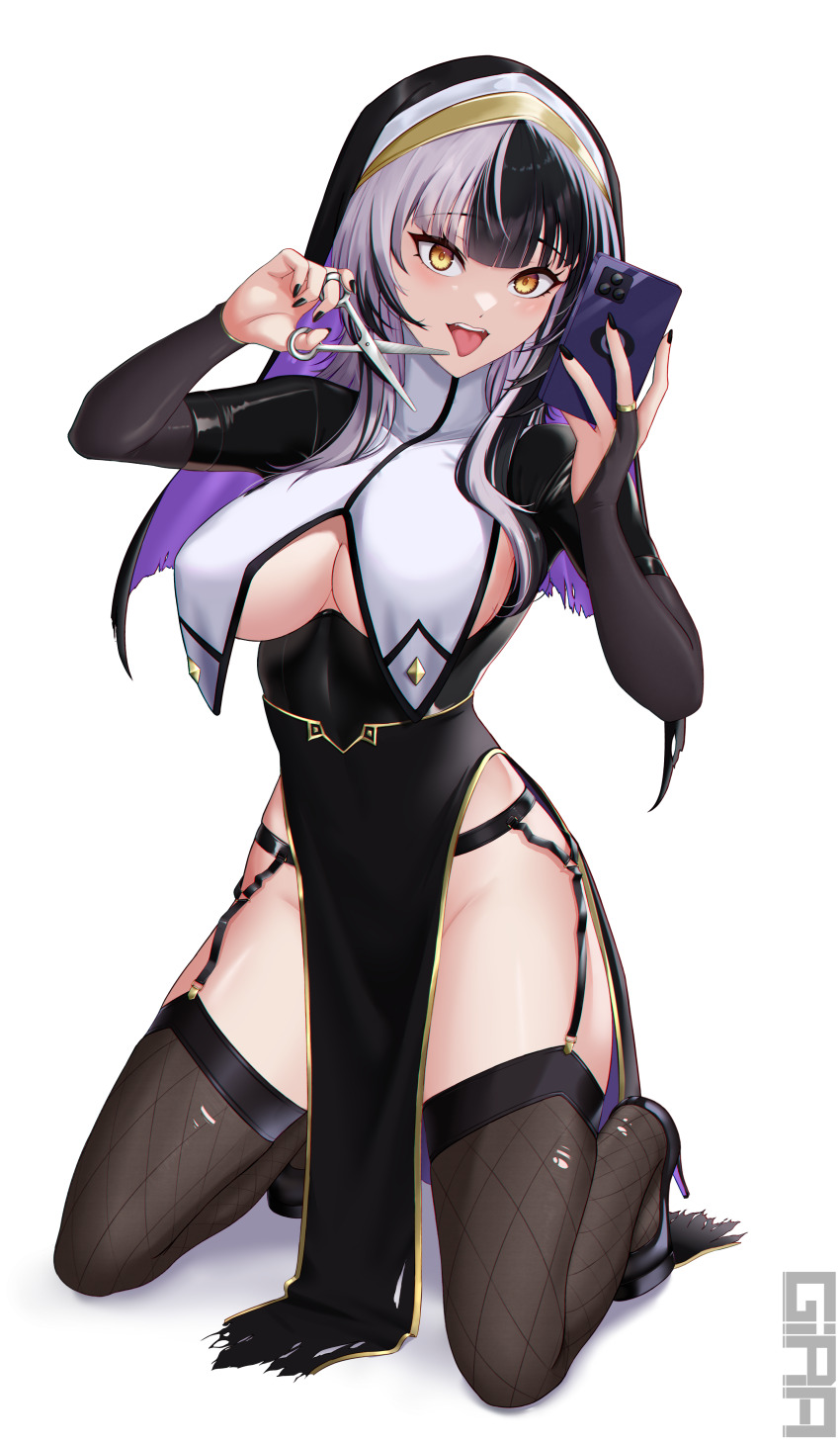 1girl, absurdres, alternate_costume, artist_name, black_dress, black_footwear, black_hair, black_nails