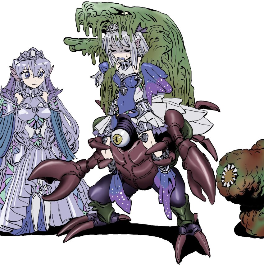 2girls, armor, beastking_of_the_swamps, blue_eyes, carrying, closed_eyes, crab_turtle, cyclops, diadem, dress, duel_monster, fins, fish, grey_hair, head_fins, highres, kitkallos_(yu-gi-oh!), lamprey, long_hair, looking_at_another, monster, multiple_girls, one-eyed, orrdriver, piggyback, pincers, pointing, riding, shaded_face, simple_background, slime_(creature), tearlaments_merrli, tearlaments_rulkallos, white_background, yu-gi-oh!, zone_eater