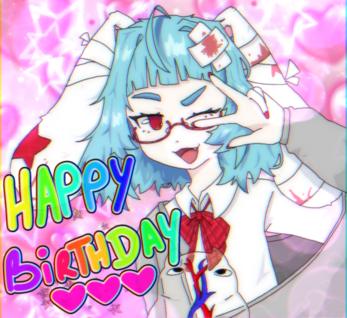 1girl, ;d, @_@, ahoge, animal_ears, bandages, blood, bloody_bandages, blouse, blue_hair, blunt_bangs, bow, fang, happy_birthday, indie_virtual_youtuber, light_blue_hair, lop_rabbit_ears, miaelou_(artist), off-shoulder_sweater, off_shoulder, one_eye_closed, open_mouth, para_(vtuber), para_(3rd_costume)_(vtuber), parasite_(para), rabbit_ears, red-framed_eyewear, red_eyes, semi-rimless_eyewear, shirt, short_hair, smile, sweater, thick_eyebrows, upper_body, w, w_over_eye, white_shirt