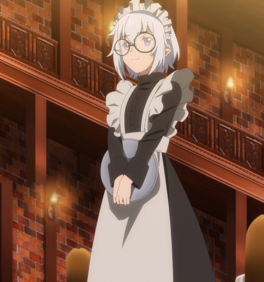 1girl, alternate_costume, anime_screenshot, apron, black_dress, dress, enmaided, glasses, highres, interior, long_sleeves, maid, maid_headdress, shin_no_nakama_janai_to_yuusha_no_party_wo_oidasareta_no_de_henkyou_de_slow_life_suru_koto_ni_shimashita, sidelocks, stitched, third-party_edit, tisse_garland, white_apron, white_hair