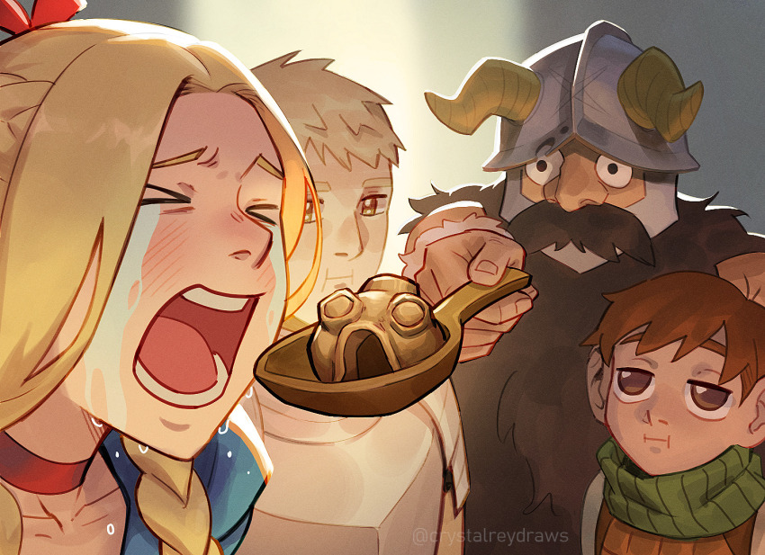 >_<, 1girl, 3boys, :t, beard, brown_hair, chilchuck_tims, comic_panel_redraw