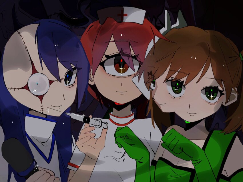 3girls, black_background, blue_eyes, blue_hair, brown_hair, cross_scar, cyclops, gloves