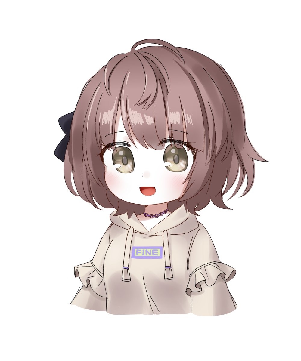 1girl, black_ribbon, breasts, brown_eyes, brown_hair, clothes_writing, commentary_request, drawstring