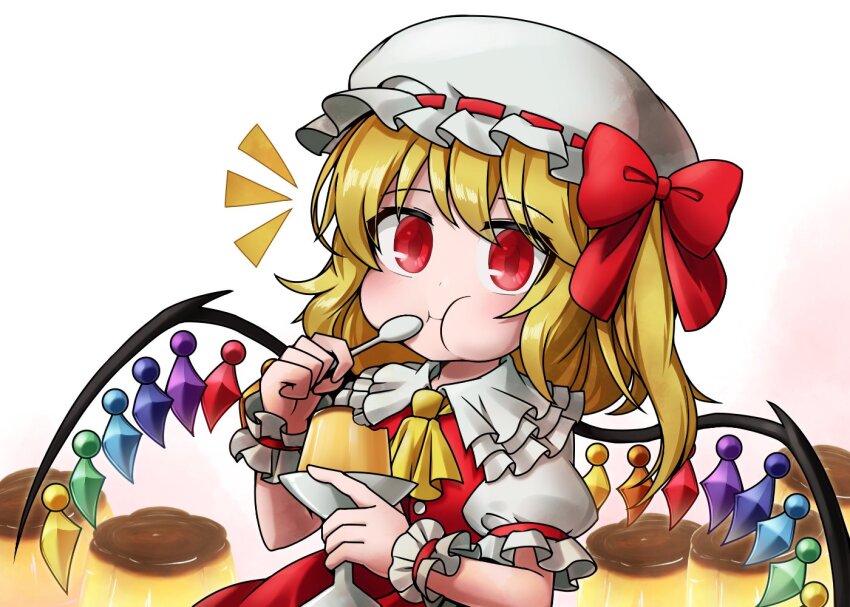 1girl, ascot, blonde_hair, chewing, closed_mouth, commentary_request, flandre_scarlet, food