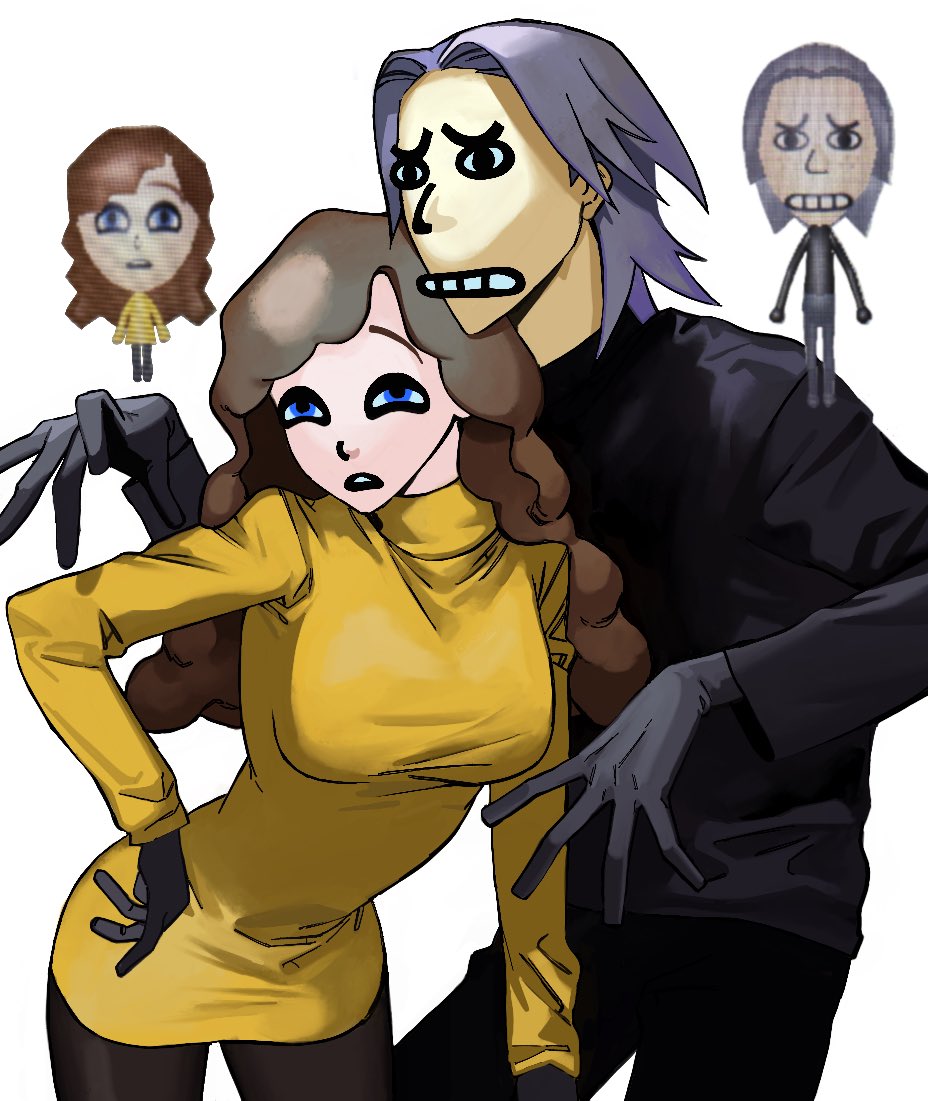 <o>_<o>, 1boy, 1girl, black_eyes, black_gloves, black_pants, black_sweater, blue_eyes, breasts, brown_hair, clenched_teeth, commentary, curly_hair, curtained_hair, frown, furrowed_brow, gloves, grimace, half-closed_eyes, hand_on_own_hip, hands_up, large_breasts, leaning_forward, long_hair, long_sleeves, looking_ahead, looking_at_viewer, medium_hair, mii_(nintendo), nintendo, open_mouth, original, pants, photo_inset, purple_hair, reference_inset, sweater, takushi_(taxi739), teeth, turtleneck, turtleneck_sweater, yellow_sweater