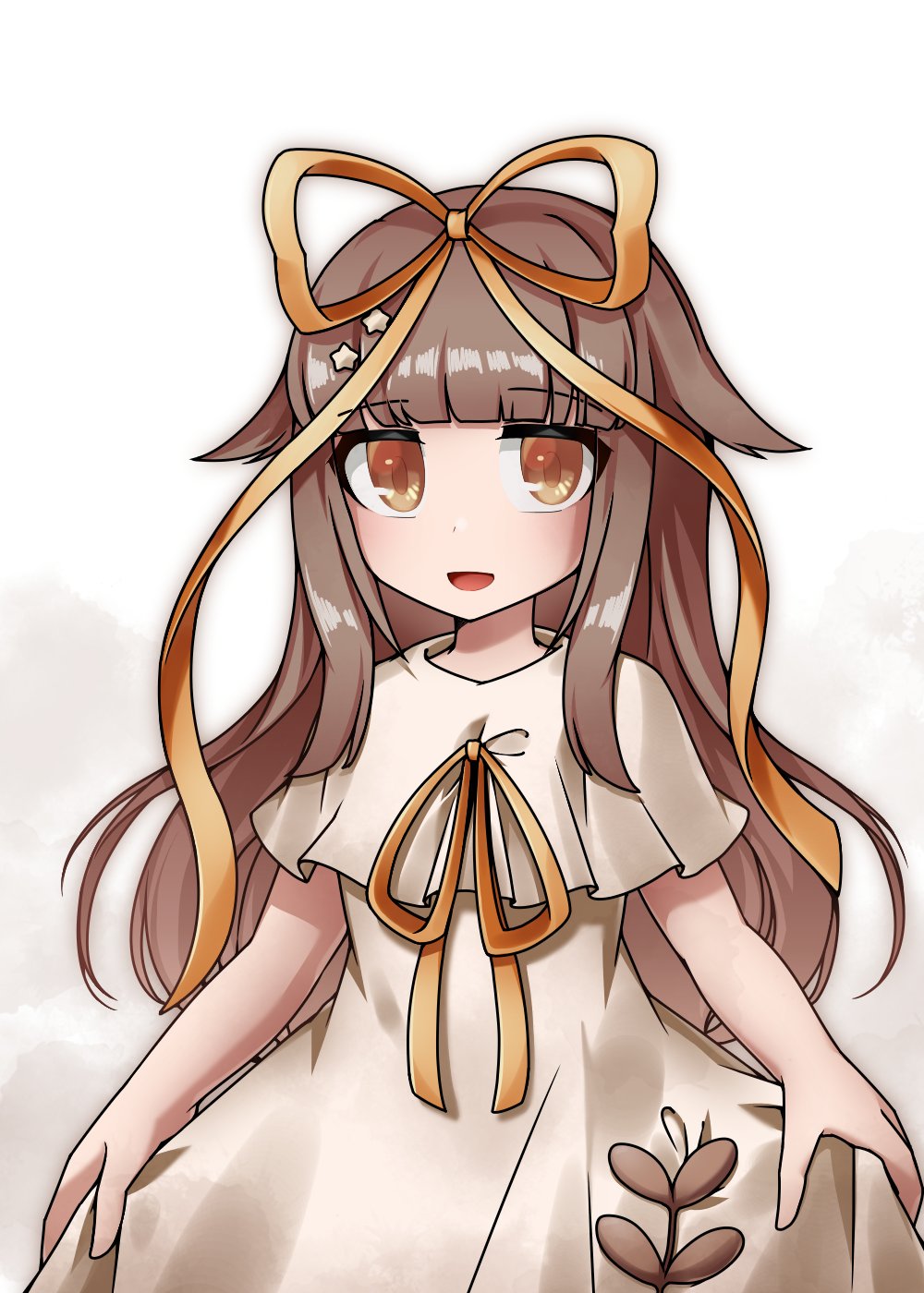 1girl, blunt_bangs, brown_hair, capelet, commentary_request, cowboy_shot, doll_nus, dress