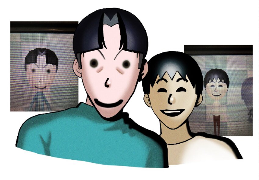 2boys, ^_^, black_hair, blue_sweater, closed_eyes, closed_mouth, commentary, cropped_torso