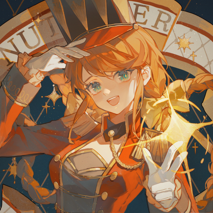 1girl, absurdres, black_hat, blue_background, blue_collar, blue_eyes, bow, braid, character_name, chinese_commentary, collar, collared_jacket, collared_shirt, commentary_request, cross, epaulettes, eyelashes, frilled_sleeves, frills, gloves, hair_bow, hand_on_headwear, hat, high_collar, highres, jacket, lapels, long_hair, long_sleeves, looking_at_viewer, low_twin_braids, military_uniform, niukou_kouzi, nutcracker_(takt_op.), open_clothes, open_jacket, open_mouth, orange_hair, outstretched_hand, red_jacket, red_sleeves, shako_cap, shirt, smile, solo, sparkle, takt_op., teeth, twin_braids, two-tone_headwear, upper_body, upper_teeth_only, white_gloves, white_hat, white_shirt, yellow_bow