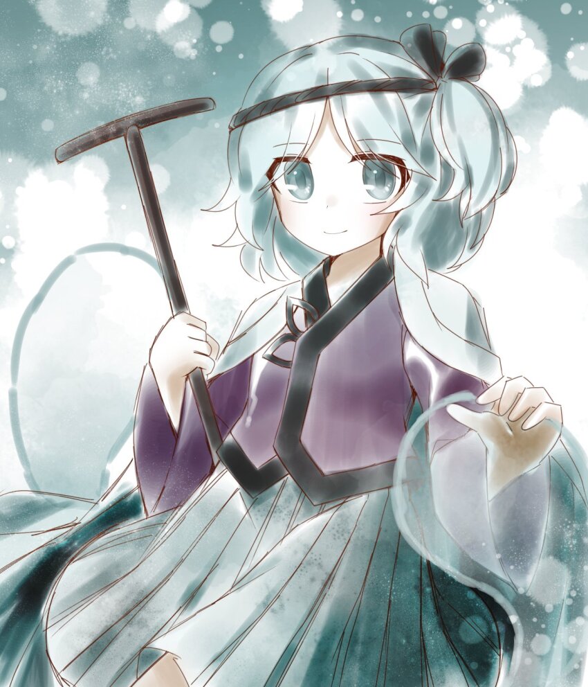 1other, androgynous, aqua_background, aqua_eyes, aqua_hakama, black_headband, black_trim, blue_coat