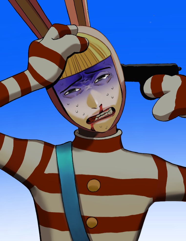 1boy, animal_hood, black_eyes, bleeding, blonde_hair, blood, blue_background, blunt_bangs