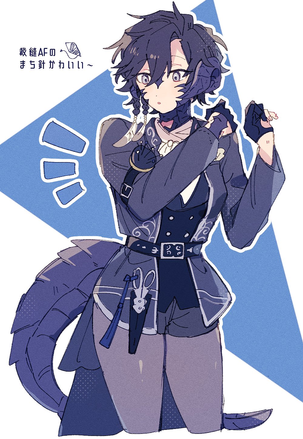 1girl, :o, arm_belt, au_ra, belt, blue_background, blue_gloves, blue_hair