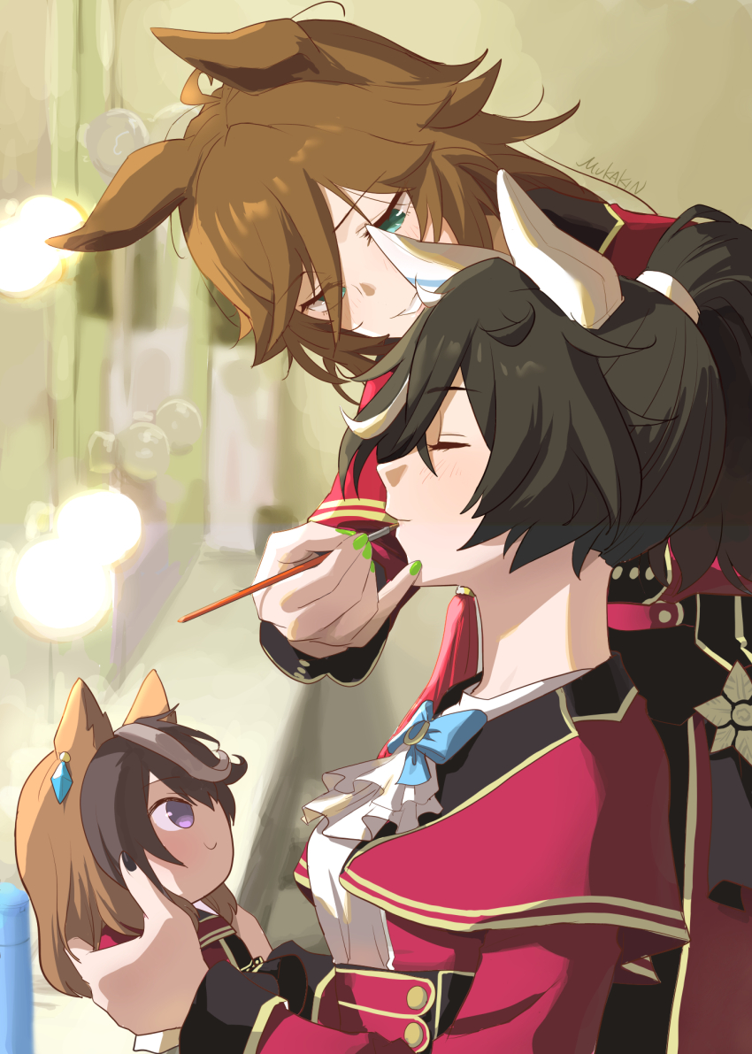 2girls, ahoge, animal_ears, aqua_eyes, ascot, black_hair, blue_bow, bottle