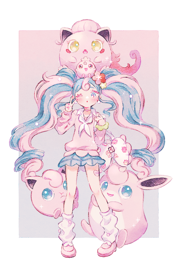 1girl, :o, aqua_eyes, aqua_hair, bag, blue_skirt, border, collared_shirt, commentary, earrings, fairy_miku_(project_voltage), flower, frilled_wristband, gen_1_pokemon, gen_2_pokemon, gradient_background, grey_background, hair_flower, hair_ornament, hand_on_own_shoulder, hatsune_miku, holding, holding_bag, igglybuff, inset_border, jewelry, jigglypuff, long_hair, looking_at_viewer, loose_socks, neckerchief, nintendo, one_eye_closed, pink_background, pink_flower, pink_hair, pink_nails, pink_shoes, pink_sweater, plaid_clothes, plaid_skirt, pokemon, pokemon_(creature), project_voltage, ryokuno_green, scream_tail, shirt, shoes, skirt, socks, sweater, untranslatable_commentary, twintails, v, very_long_hair, vocaloid, white_bag, white_border, white_neckerchief, white_shirt, white_socks, wigglytuff, yellow_flower