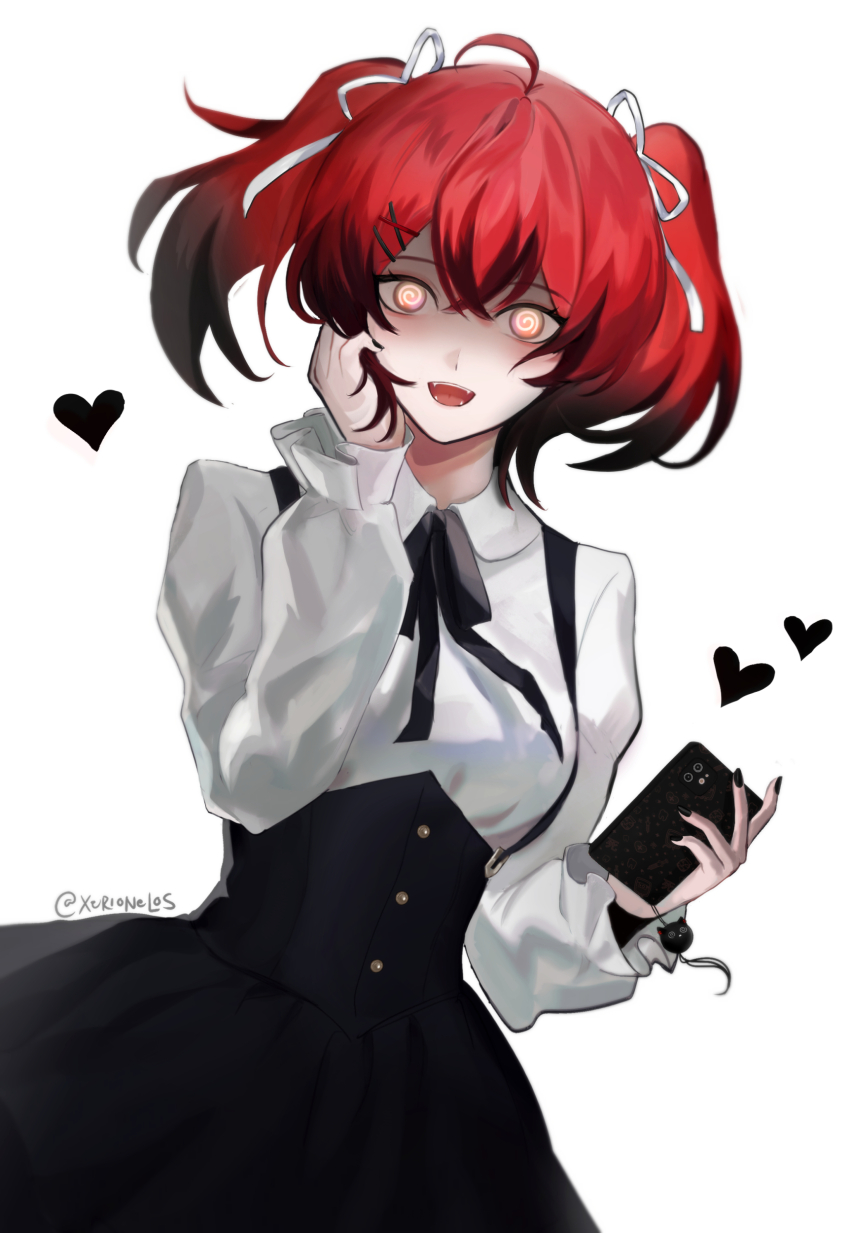 1girl, @_@, absurdres, ahoge, black_hair, black_nails, black_ribbon, blush