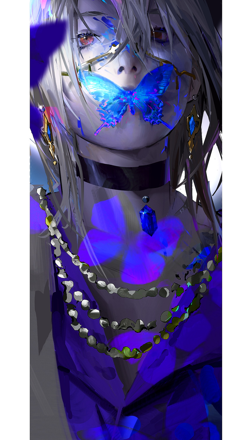 1girl, black_choker, blonde_hair, blue_butterfly, blue_gem, bug, butterfly, butterfly_on_mouth